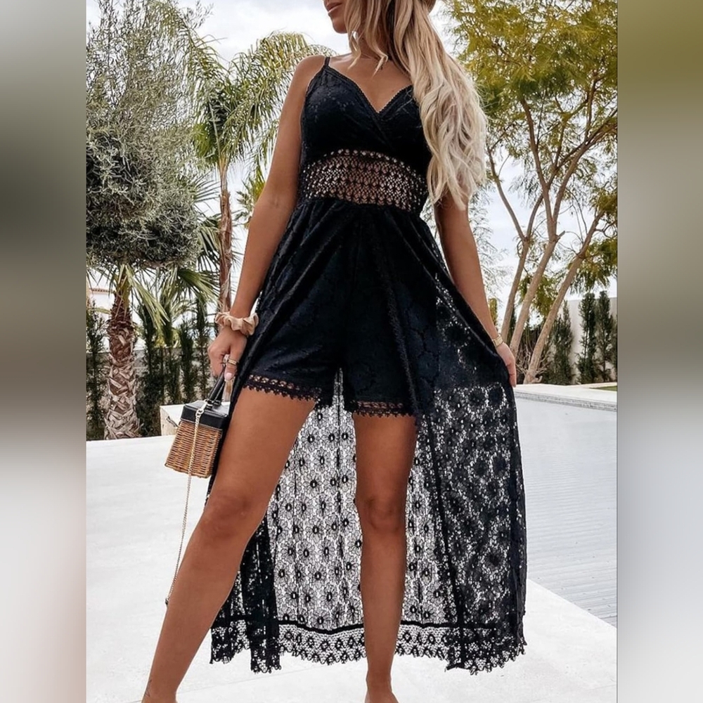 Cupshe Black Crochet Lace Romper Jumpsuit with Sheer Overlay